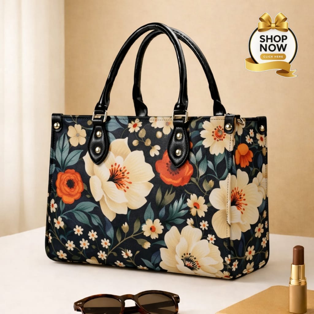 Premium Floral Print Tote Bag – Elegant Handcrafted Shoulder Bag with Top Handles - Black