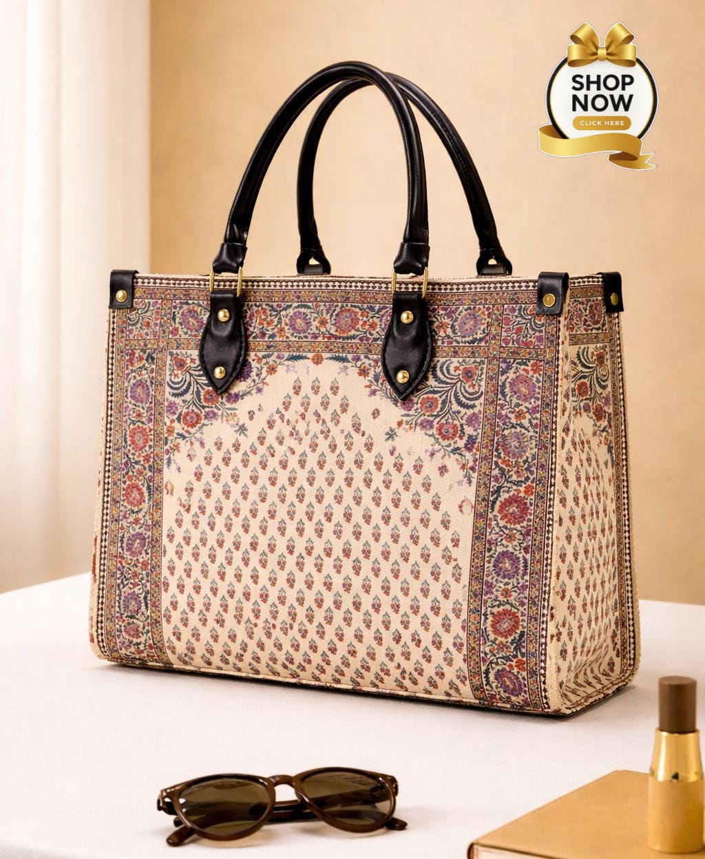 Premium Floral Print Tote Bag – Elegant Handcrafted Shoulder Bag with Top Handles - Black