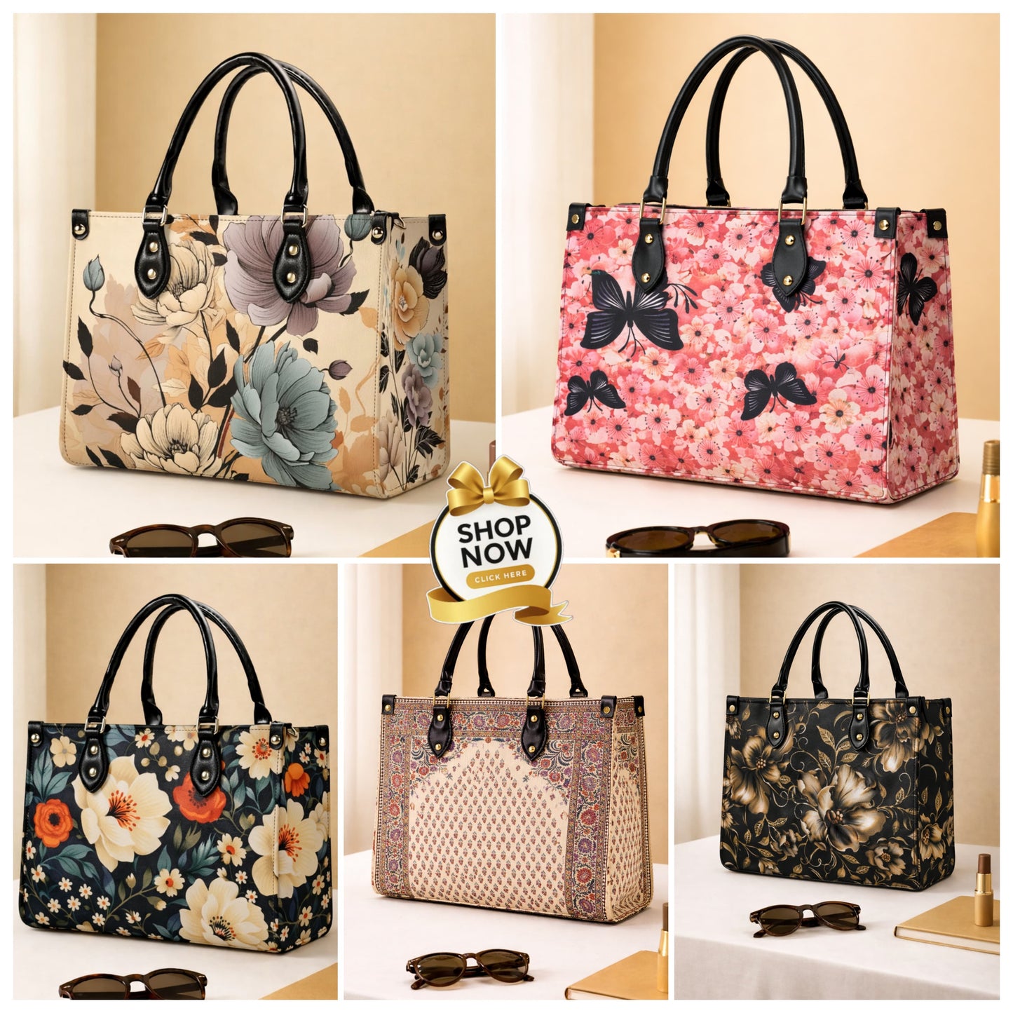 Premium Floral Print Tote Bag – Elegant Handcrafted Shoulder Bag with Top Handles - Black