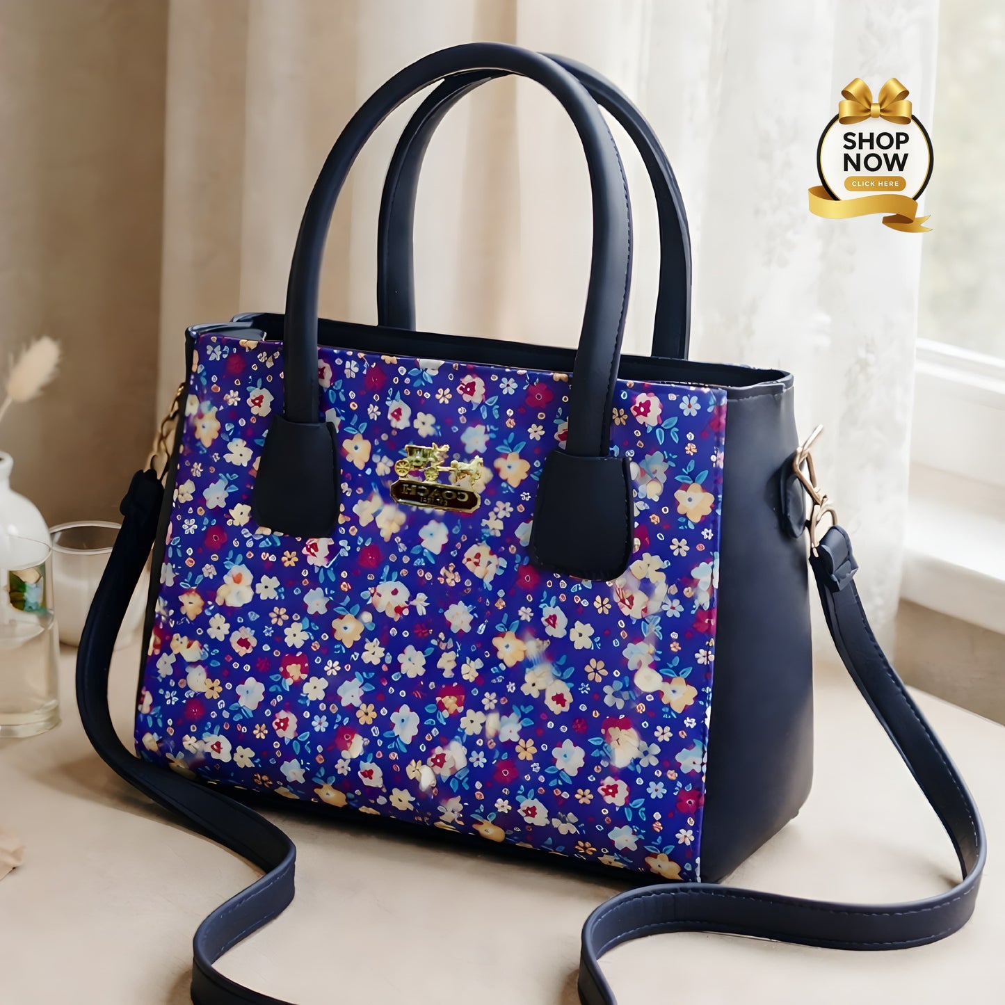 Premium Floral Print Tote Bag – Elegant Handcrafted Shoulder Bag with Top Handles - Black