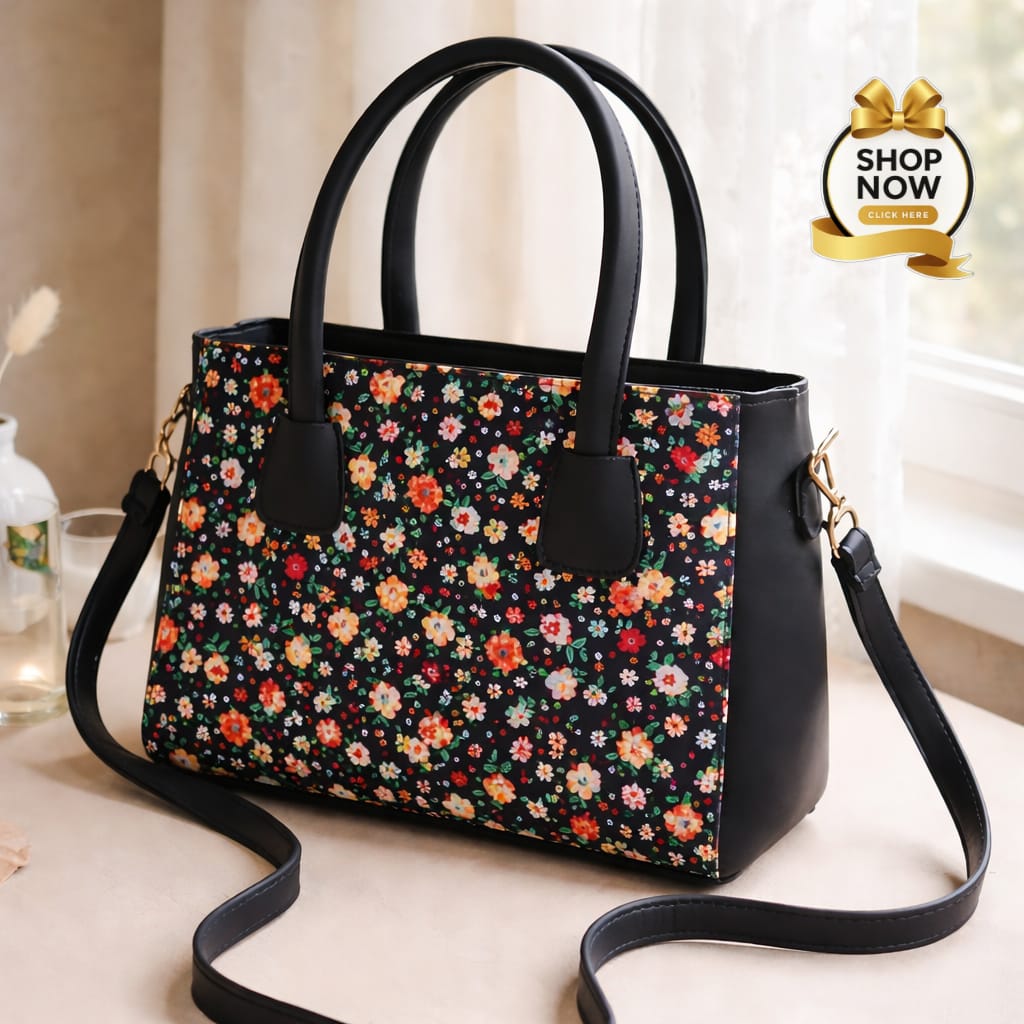Premium Floral Print Tote Bag – Elegant Handcrafted Shoulder Bag with Top Handles - Black