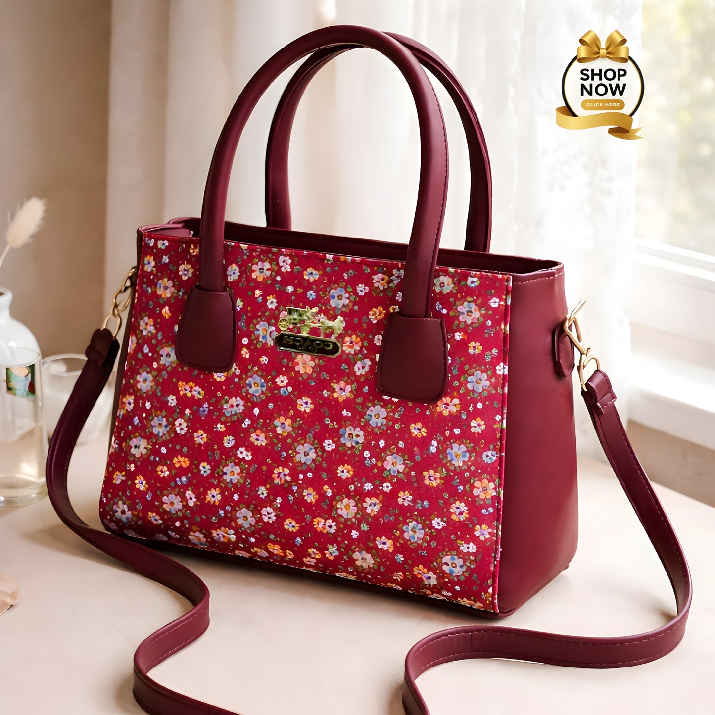 Premium Floral Print Tote Bag – Elegant Handcrafted Shoulder Bag with Top Handles - Black