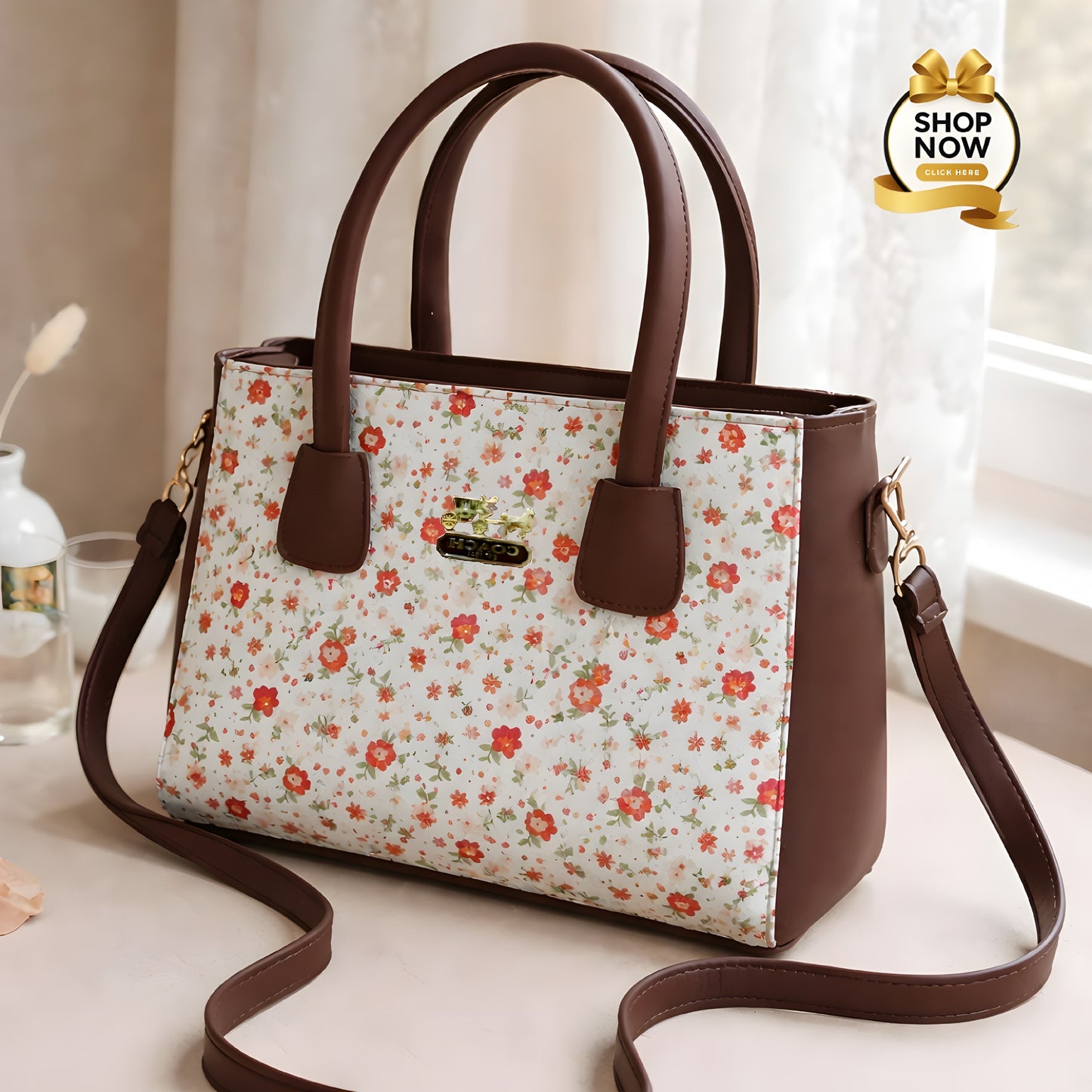 Premium Floral Print Tote Bag – Elegant Handcrafted Shoulder Bag with Top Handles - Black