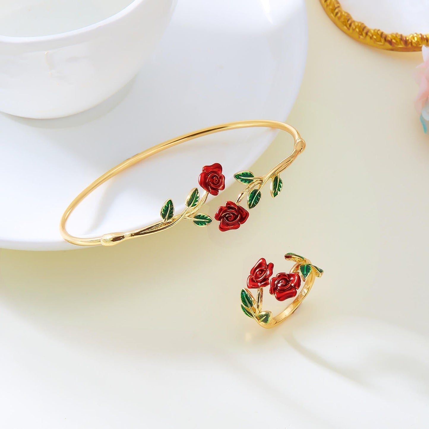 Golden Rose Bloom Bracelet & Ring Set